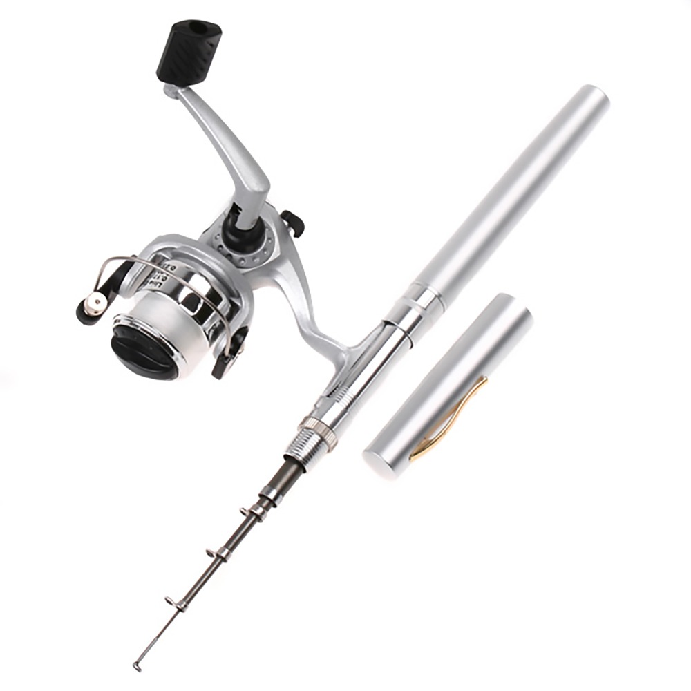 Fishing Rod Fly - Draagbare telescopische zakvisserijhengel Mini zilveren penhengelmolen